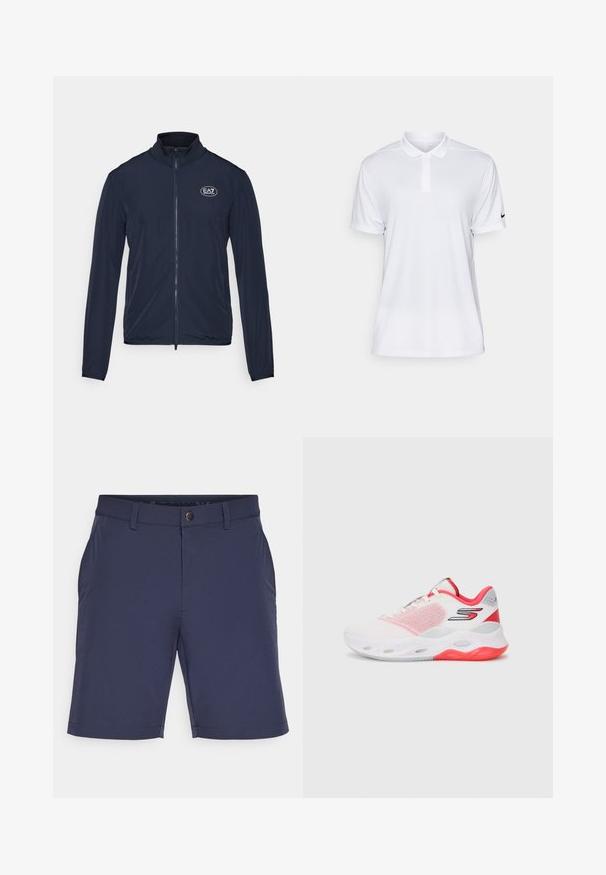 Tumši zilas krāsas zip-up jaka ar augstu apkakli, izgatavota no gludas auduma. Uz krūšu ir EA7 logo, kā arī elastīgas aproces uz piedurknēm.; Balts, īsām piedurknēm polo krekls, izgatavots no sintētiskā auduma. Tam ir apkakles dekoltē un melns Nike logo uz kreisās piedurknes.; Tumši zili šorti, izgatavoti no viegla auduma, ar taisnu priekšējo daļu, jostu cilpiņām un vienu priekšējo kabatu ar tīru apdari.; Balti sporta apavi ar sarkanām akcentiem, sieta augšdaļa un mīksts zole, kurā ir ventilācijas caurumi un logo uz sāna.