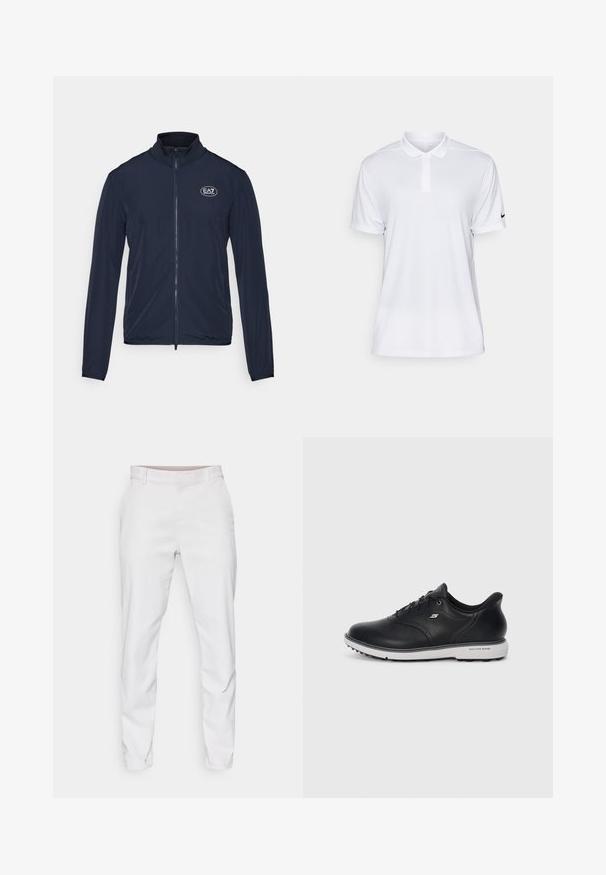 Tengerészkék, cipzáros dzseki magas gallérral, sima anyagból készült. Az EA7 logó a mellrészen található, az ujjak végén pedig elasztikus mandzsetták vannak.; Fehér, rövid ujjú pólóing szintetikus anyagból. Galléros kivitel és fekete Nike logó található a bal ujján.; Fehér nadrág sima anyaggal, karcsú fazonnal és lapos elülső résszel. Nincs látható zseb vagy minta. Tiszta szegés a bokánál.; Fekete bőr fűzős Skechers sportcipő fehér talppal, oldalsó logóval és texturált tapadással a talpon, sima világos háttér előtt.