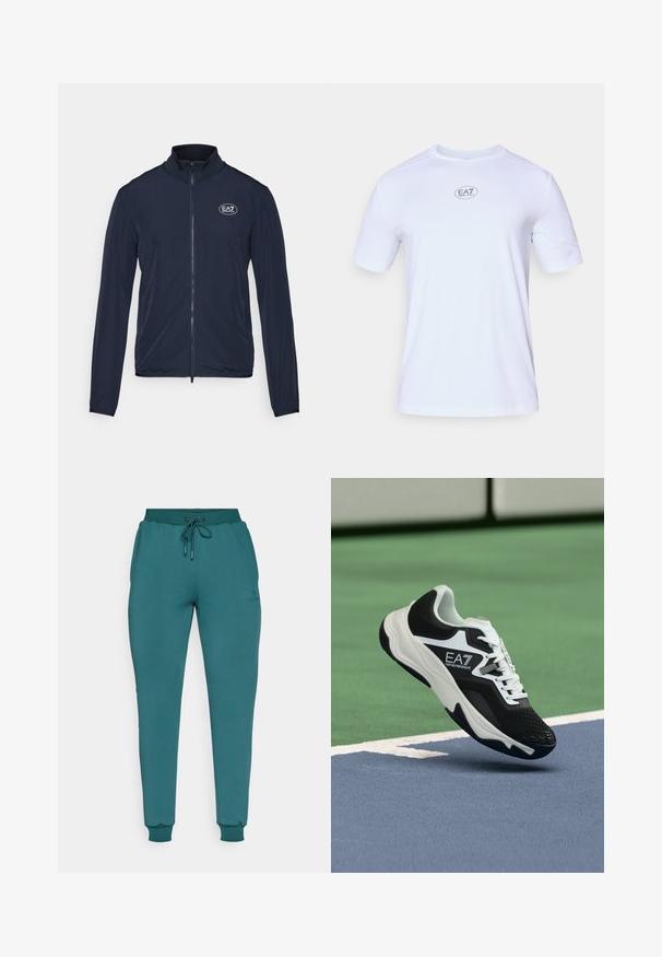 Jūros mėlynumo zip-up striukė su aukštu apykakle, pagaminta iš lygaus audinio. Savybė - EA7 logo ant krūtinės ir elastingi rankogaliai ant rankovių.; Baltas trumpas rankovėmis sportinis marškinėlis, pagamintas iš lengvo, kvėpuojančio tinklelio. Turinti apvalią iškirptę ir apvalų EA7 logotipą ant krūtinės.; Mėlynos sportinės kelnės, pagamintos iš minkštos medžiagos, su elastingu juosmeniu ir raišteliu, prisiūtomis kulkšnėmis ir šoninėmis kišenėmis.; Juodos ir baltos spalvos EA7 Emporio Armani sportbačiai pakabinti virš mėlynų ir žalių teniso korto linijų.