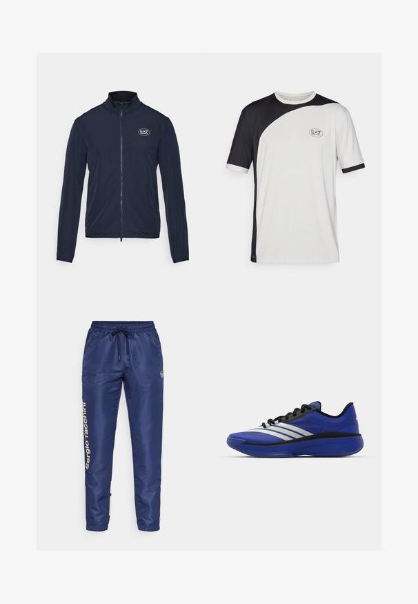 Marinblå zip-up jacka med hög krage, tillverkad av slät tyg. Har EA7-logotypen på bröstet och elastiska ärmslut.; Kortärmad T-shirt med en svart och vit färgblockdesign, tillverkad av lättviktig tyg. Inkluderar EA7-logotypen på bröstet.; Marinblåa träningbyxor med dragsko i midjan, elastiska muddar och guldlogotyp längs vänster sida. Tillverkade av mjukt, lätt material.; adidas Performance ADIZERO SELECT 3.0 - Basketsko - lucid blue/core black/metallic