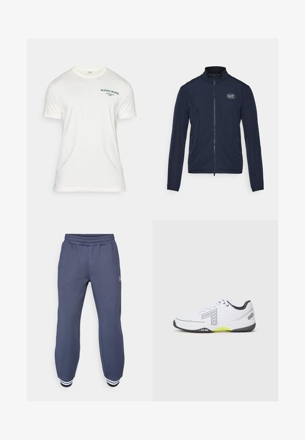 Navy zip-up jacket with a high collar, made from smooth fabric. Features the EA7 logo on the chest and elastic cuffs at the sleeves.; White cotton t-shirt with short sleeves, round neckline, and green printed logo "BJÖRN BORG STOCKHOLM 1986" on the left chest.; Navy blue sweatpants made of soft fabric, featuring an elastic waistband and ribbed cuffs with white stripes at the ankles; subtle textured pattern.; White athletic shoe with black accents and gray details. Features a textured upper, laces, and a bright yellow sole segment.