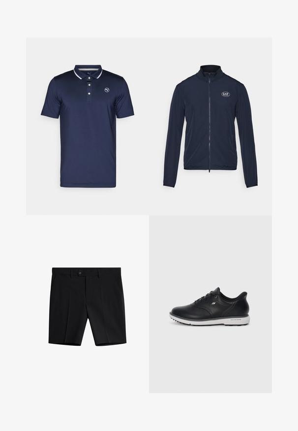 Merihenkinen vetskari takki korkealla kauluksella, valmistettu sileästä kankaasta. Rintataskussa on EA7-logo ja hihansuissa joustavat hihnat.; T-paita merivoimien väreissä, valmistettu sileästä kankaasta, kolmesta napista varustettuna, valkoisilla kauluksessa ja vasemmassa rinnassa logolla.; Musta lyhyet housut kevyestä materiaalista, joissa on tasainen etuosa, kaksi sivutaskua, nappikiinnitys ja sileä pinta.; Musta nahkainen nauhallinen Skechers-tenniskenkä valkoisella pohjalla, kylkilogo ja teksturoitu pito pohjassa yksinkertaista vaaleataustaista taustaa vasten.