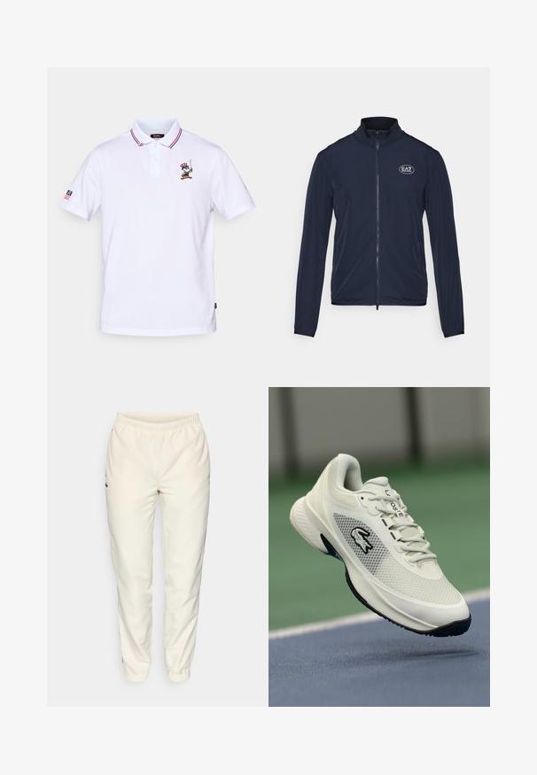 Marineblå zip-up jakke med høy krage, laget av glatt stoff. Har EA7-logoen på brystet og elastiske mansjetter på ermene.; Hvit polo skjorte med rød og blå stripete krage, tre knappestolper og en brodert karakterdesign på brystet.; Kremfargede treningsbukser med elastisk liv, smale ben og en liten mørk grønn logo på venstre side. Glatt, lett stoff.; Hvite sportssko med mesh-overdel, svarte detaljer, teksturert såle og fremtredende logo på siden, plassert mot en bakgrunn av en bane.