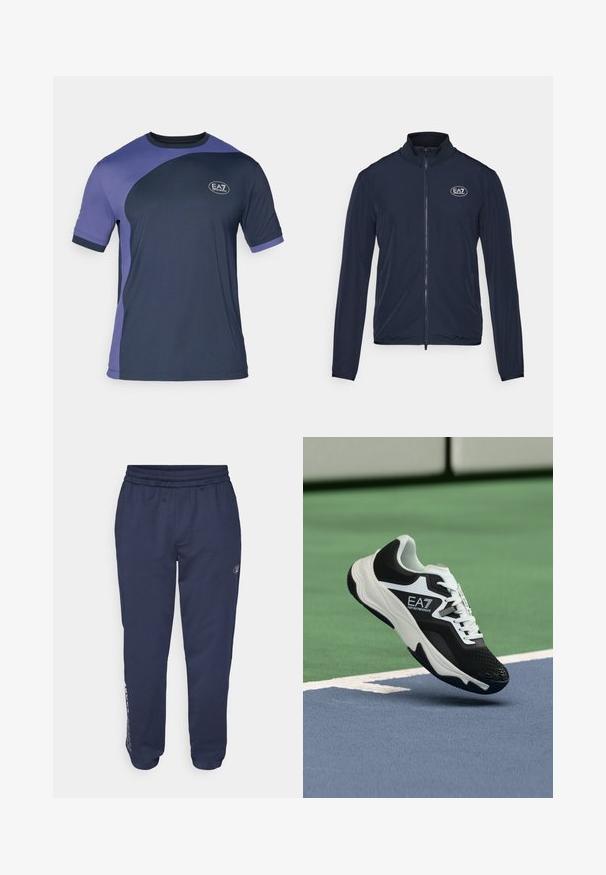 Soojad sinised jakid, millel on kõrge kaelus, valmistatud siledast kangast. Rinnal on EA7 logo ja varrukatel elastsed mansetid.; Lühikeste varrukatega sportlik T-särk tumesinises ja lillakas värvitoonis, millel on tekstuuriga kangas ja rinnal EA7 logo. Kontrastsetes värviblokkides kujundus.; Tumesinised dressipüksid pehmest kangast, millel on nööriga vöökoht, küljetaskud ja logo trükitud vasaku sääre peale.; Mustvalge EA7 Emporio Armani tossu ripub siniste ja roheliste tenniseväljakute joonte kohal.