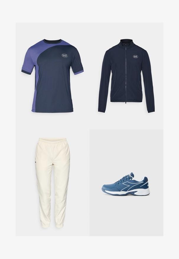 Marineblå zip-up jakke med høy krage, laget av glatt stoff. Har EA7-logoen på brystet og elastiske mansjetter på ermene.; Kortermet trenings T-skjorte i marineblå og lilla, med teksturert stoff og EA7-logo på brystet. Design med kontrasterende fargeblokker.; Kremfargede treningsbukser med elastisk liv, smale ben og en liten mørk grønn logo på venstre side. Glatt, lett stoff.; Diadora VOLEE - Allcourt tennissko - einsign blue/white