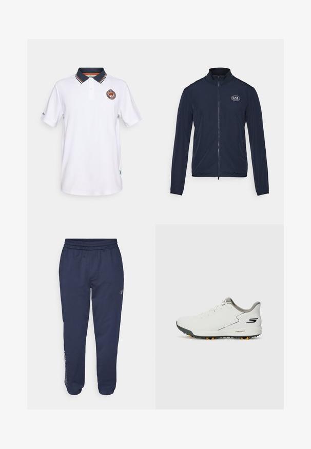 Jūros mėlynumo zip-up striukė su aukštu apykakle, pagaminta iš lygaus audinio. Savybė - EA7 logo ant krūtinės ir elastingi rankogaliai ant rankovių.; Balta polo marškinėliai su laivyno mėlynu apykakle, turintys oranžines ir laivyno mėlynas juostas bei siuvinėtą logotipą krūtinėje. Trumpomis rankovėmis. Pagaminta iš medvilnės.; Tamsiai mėlynos sportinės kelnės, pagamintos iš minkštos medžiagos, su raišteliu ties liemeniu, šoninėmis kišenėmis ir logotipo spauda kairiajame šone.; Balti sportiniai batai su lygiu viršumi, pilkais akcentais ir tekstūruota juoda padanga, turinčia oranžinius spygliais. Lengvas dizainas, orientuotas į komfortą.