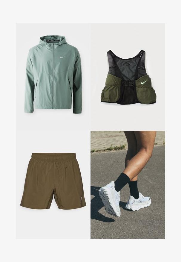 Light green Nike jacket featuring a hood, zip closure, side pockets, and a reflective logo. Made from a smooth, lightweight material.; White short-sleeve t-shirt made of smooth fabric. Features a small light blue logo on the chest and a black neck tag with "NIKE RUNNING."; ASICS CORE SHORT - Sports shorts - brown stone; White running shoes with textured upper, thick white sole, and black accents, worn with black ankle socks on a paved surface.; Nike trail running vest in black and olive green. Features mesh material, adjustable straps, and multiple storage pockets on the front.