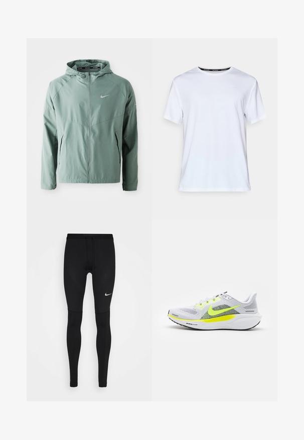 Jasnozielona kurtka Nike z kapturem, zamkiem błyskawicznym, bocznymi kieszeniami i odblaskowym logo. Wykonana z gładkiego, lekkiego materiału.; Biała koszulka z krótkim rękawem z gładkiej tkaniny. Posiada małe jasnoniebieskie logo na piersi oraz czarną metkę na szyi z napisem "NIKE RUNNING."; Czarne legginsy do biegania wykonane z elastycznego materiału, z dopasowanym krojem, płaskimi szwami i małym białym logo Nike na udzie.; Nike Performance AIR ZOOM PEGASUS 41 biały