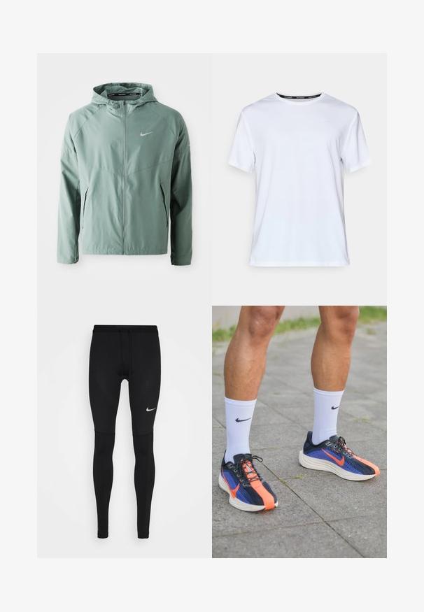 Chaqueta Nike verde claro con capucha, cierre con cremallera, bolsillos laterales y un logotipo reflectante. Fabricada con un material suave y ligero.; Camiseta blanca de manga corta hecha de tejido suave. Presenta un pequeño logo azul claro en el pecho y una etiqueta de cuello negra con "NIKE RUNNING."; Mallas de correr negras de tela elástica, con un diseño ajustado, costuras planas y un pequeño logo blanco de Nike en el muslo.; Zapatillas de running Nike en azul marino con acentos naranjas. Parte superior de malla para transpirabilidad, suela blanca gruesa y cordones negros. Llevadas con calcetines blancos.