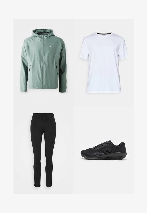 Giacca Nike verde chiaro con cappuccio, chiusura con zip, tasche laterali e logo riflettente. Realizzata in un materiale liscio e leggero.; T-shirt bianca a maniche corte realizzata in tessuto morbido. Presenta un piccolo logo azzurro sul petto e un'etichetta nera con la scritta "NIKE RUNNING".; Leggings sportivi neri con vita regolabile, realizzati in tessuto elasticizzato, con un piccolo logo Nike bianco sulla coscia sinistra.; Scarpe sportive nere realizzate in mesh e materiali sintetici, caratterizzate da un design aerodinamico, colletto imbottito e suola in gomma con trazione.