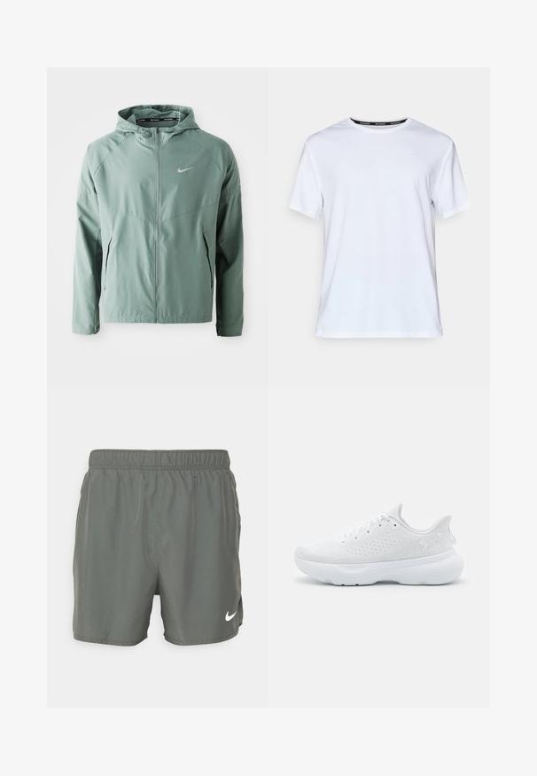 Lichtgroene Nike-jack met capuchon, ritssluiting, zijzakken en een reflecterend logo. Gemaakt van een gladde, lichte stof.; Witte t-shirt met korte mouwen van gladde stof. Heeft een klein lichtblauw logo op de borst en een zwart label in de nek met "NIKE RUNNING."; Nike zwemshorts in donkergroen. Gemaakt van lichtgewicht materiaal met een elastische tailleband, uitgerust met een wit logo aan de onderzijde rechts.; Witte sportieve schoen met een gemarmerde bovenkant van mesh, ronde neus en een dempende zool. Heeft tonale accenten en vetersluiting.