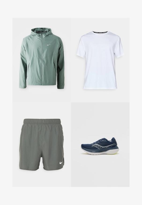 Helles grünes Nike-Jackett mit Kapuze, Reißverschluss, Seitentaschen und einem reflektierenden Logo. Hergestellt aus einem glatten, leichten Material.; Weißes T-Shirt mit kurzen Ärmeln aus glattem Stoff. Verfügt über ein kleines hellblaues Logo auf der Brust und ein schwarzes Nackenlabel mit "NIKE RUNNING."; Nike Badehosen in Dunkelgrün. Hergestellt aus leichtem Material mit einem elastischen Bund, ausgestattet mit einem weißen Logo auf der unteren rechten Seite.; Marineblaues Laufschuhmodell mit Mesh-Obermaterial, weißen Akzenten und einer dicken Sohle mit grünen Details. Das Design beinhaltet ein Logo an der Seite und Schnürsenkel.