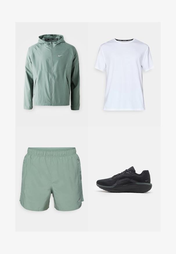 Helles grünes Nike-Jackett mit Kapuze, Reißverschluss, Seitentaschen und einem reflektierenden Logo. Hergestellt aus einem glatten, leichten Material.; Weißes T-Shirt mit kurzen Ärmeln aus glattem Stoff. Verfügt über ein kleines hellblaues Logo auf der Brust und ein schwarzes Nackenlabel mit "NIKE RUNNING."; Hellegrüne Sportshorts aus glattem Material, mit einem elastischen Bund und einem dezenten Logo an der unteren Seite.; Schwarzer Sportschuh mit einem atmungsaktiven Mesh-Obermaterial, strukturierten Details, gepolsterter Sohle und reflektierenden Akzenten. Die Seitenansicht zeigt das stromlinienförmige Design.