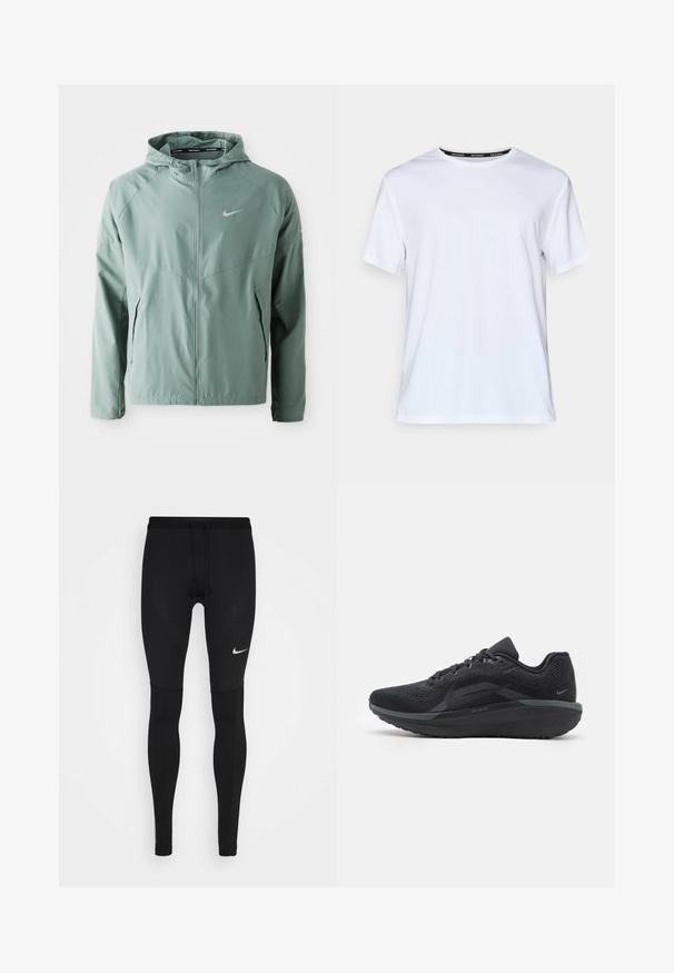 Chaqueta Nike verde claro con capucha, cierre con cremallera, bolsillos laterales y un logotipo reflectante. Fabricada con un material suave y ligero.; Camiseta blanca de manga corta hecha de tejido suave. Presenta un pequeño logo azul claro en el pecho y una etiqueta de cuello negra con "NIKE RUNNING."; Mallas de correr negras de tela elástica, con un diseño ajustado, costuras planas y un pequeño logo blanco de Nike en el muslo.; Zapatilla deportiva negra con parte superior de malla transpirable, detalles texturizados, suela acolchada y acentos reflectantes. La vista lateral muestra un diseño aerodinámico.