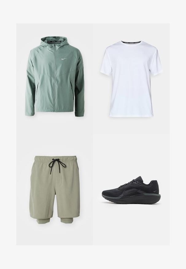Heledama roheline Nike jope, millel on kapuuts, tõmblukk, küljetaskud ja peegeldav logo. Valmistatud siledast ja kergest materjalist.; Valge lühikeste varrukatega t-särk, mis on valmistatud siledast kangast. Esiküljel on väike helesinine logo ja must kaelamärgistus, millel on kirjas "NIKE RUNNING."; Kerged rohelised spordilühikesed püksid, millel on paelaga vöökoht, silmapaistev tekstuur ja kontrastse värviga sisemine vooder.; Musthave spordijalatsid, millel on hingav võrkmaterjalist pealmine osa, tekstuursed detailid, pehmendustega tallad ja peegeldavad aktsendid. Küljelt vaatamine näitab voolujoonelist disaini.