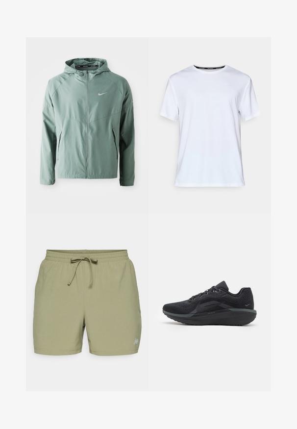 Casaco Nike verde claro com capuz, fecho de zip, bolsos laterais e um logo refletor. Feito de um material suave e leve.; T-shirt branca de manga curta feita de tecido suave. Apresenta um pequeno logótipo azul claro no peito e uma etiqueta preta no pescoço com "NIKE RUNNING."; New Balance SPORT ESSENTIALS 5" - Calções desportivos - dark olivine; Sapatilha atlética preta com um cabedal de malha respirável, detalhes texturizados, sola amortecida e acabamentos refletivos. A vista lateral mostra um design aerodinâmico.