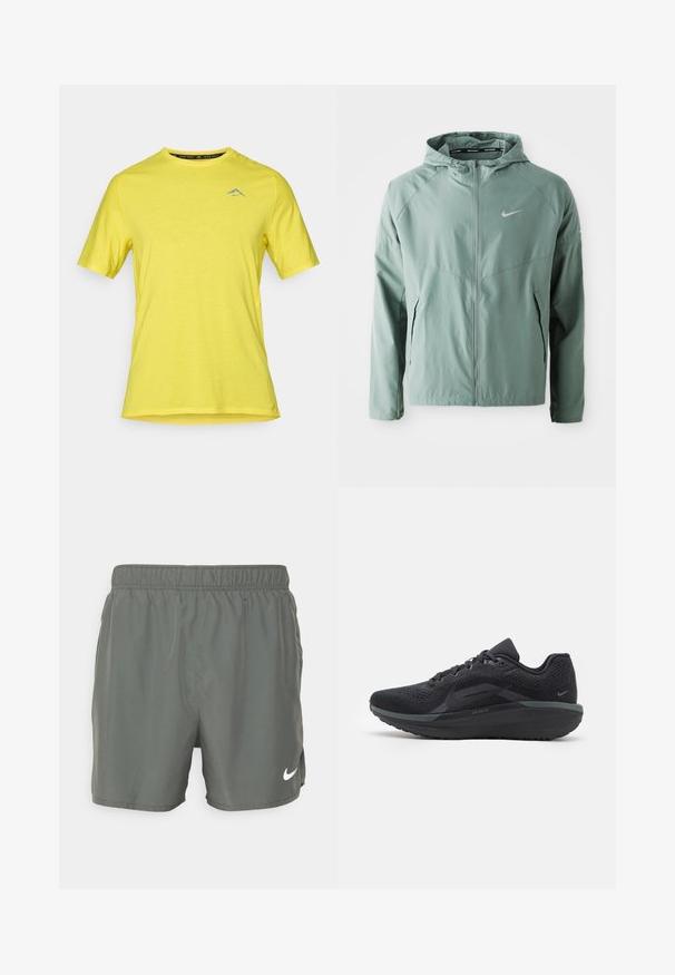 Svetlo zelena Nike jakna z kapuco, zadrgo, stranskimi žepi in odsevnim logotipom. Narejena je iz gladkega, lahkega materiala.; Rumena kratka športna majica s kratkimi rokavi iz lahkega blaga, z okroglo ovratnico in majhnim modrim logotipom na prsih.; Nike kopalke v temno zeleni barvi. Narejene so iz lahkega materiala z elastičnim pasom, z belim logotipom na spodnjem desnem robu.; Črne atletske copate z zračnim mrežastim zgornjim delom, teksturiranimi detajli, udobnim podplatom in odsevnimi akcenti. Stranski pogled prikazuje poenostavljeno oblikovanje.