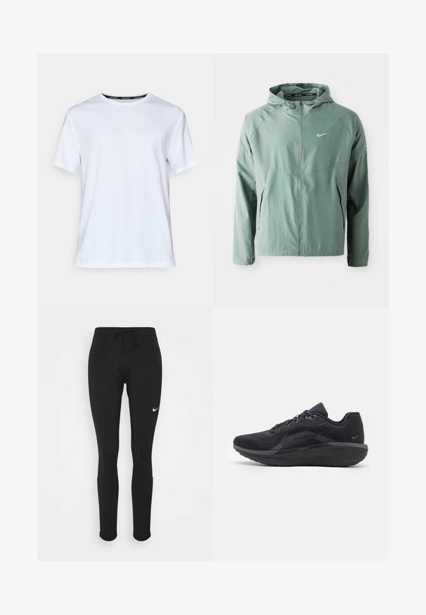 Ljusgrön Nike-jacka med huva, dragkedja, sidfickor och en reflekterande logotyp. Tillverkad av ett slätt, lätt material.; Vit kortärmad t-shirt tillverkad av slät tyg. Har en liten ljusblå logotyp på bröstet och en svart nacktag med "NIKE RUNNING."; Svart träningsleggings med dragsko i midjan, tillverkade av elastiskt tyg, med en liten vit Nike-logotyp på vänster lår.; Svart sportskor med ett andningsbart mesh-övre, texturerade detaljer, vadderad sula och reflekterande accenter. Sido vy visar en strömlinjeformad design.