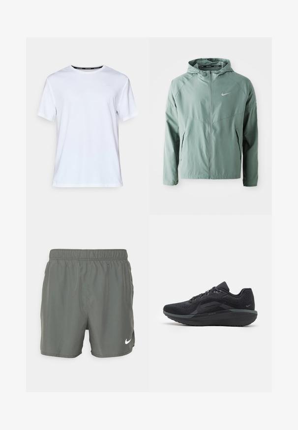 Svetlo zelena Nike jakna z kapuco, zadrgo, stranskimi žepi in odsevnim logotipom. Narejena je iz gladkega, lahkega materiala.; Bela kratka majica s kratkimi rokavi, izdelana iz gladkega materiala. Ima majhen svetlo moder logotip na prsih in črno oznako na vratu z napisom "NIKE RUNNING."; Nike kopalke v temno zeleni barvi. Narejene so iz lahkega materiala z elastičnim pasom, z belim logotipom na spodnjem desnem robu.; Črne atletske copate z zračnim mrežastim zgornjim delom, teksturiranimi detajli, udobnim podplatom in odsevnimi akcenti. Stranski pogled prikazuje poenostavljeno oblikovanje.