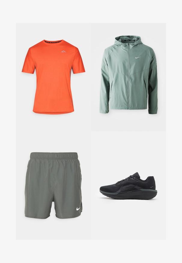 Casaco Nike verde claro com capuz, fecho de zip, bolsos laterais e um logo refletor. Feito de um material suave e leve.; T-shirt atlético de manga curta laranja brilhante com decote redondo e pequeno logótipo azul claro no lado esquerdo do peito, em fundo branco.; Calças de banho Nike em verde-escuro. Feitas de material leve com cintura elástica, apresentando um logo branco na parte inferior direita.; Sapatilha atlética preta com um cabedal de malha respirável, detalhes texturizados, sola amortecida e acabamentos refletivos. A vista lateral mostra um design aerodinâmico.