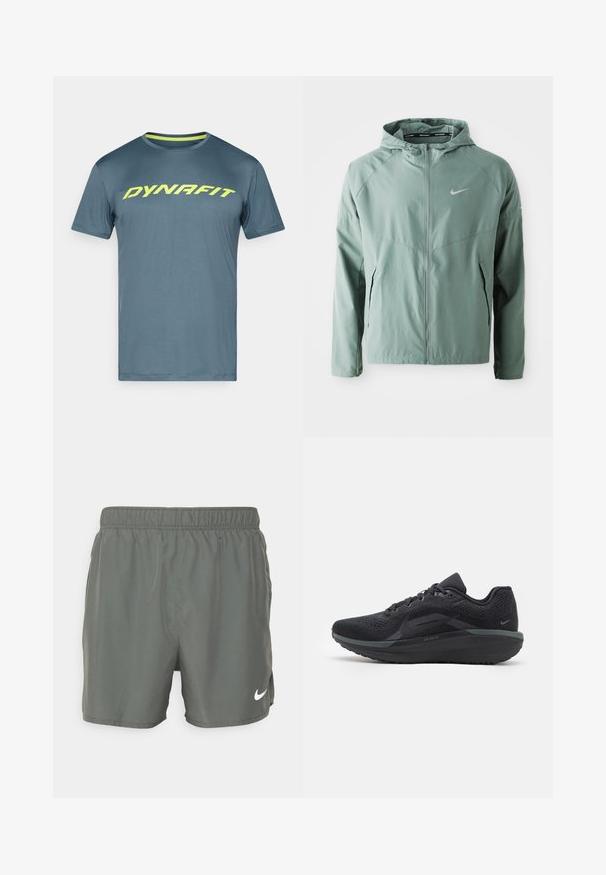 Šviesiai žalia Nike striukė su kapišonu, užtrauktuku, šoninėmis kišenėmis ir atspindinčiu logotipu. Pagaminta iš glotnaus, lengvo audinio.; Mėlynas trumpų rankovų sportinis marškinėlis su neoninės geltonos spalvos "DYNAFIT" logotipu per krūtinę, apvaliu kaklu ir kontrastinga geltona vidine apykakle.; Nike maudymosi šortai tamsiai žali. Pagaminti iš lengvos medžiagos su elastinga juosta, į apačią dešinėje pusėje yra baltas logotipas.; Juodas sportinis batelis su orui pralaidžiu tinkleliu, tekstūruotais akcentais, paminkštintu padu ir atspindinčiais elementais. Šoninis vaizdas atskleidžia streamlininį dizainą.