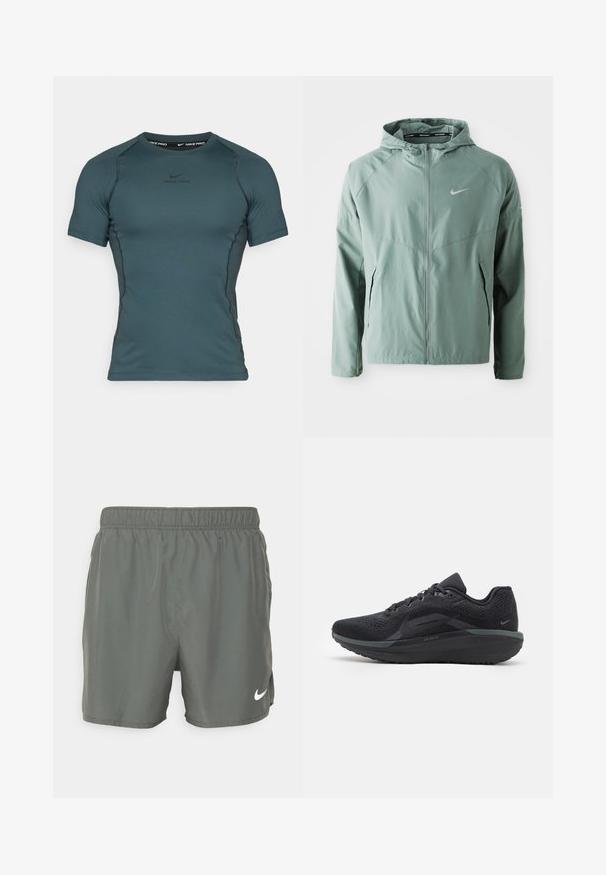 Jasnozielona kurtka Nike z kapturem, zamkiem błyskawicznym, bocznymi kieszeniami i odblaskowym logo. Wykonana z gładkiego, lekkiego materiału.; Koszulka Nike Pro z krótkim rękawem w ciemnym odcieniu teal, wykonana z gładkiego, elastycznego materiału, z okrągłym dekoltem i dyskretnym logo na piersi.; Kąpielówki Nike w ciemnozielonym kolorze. Wykonane z lekkiego materiału z elastycznym pasem, z białym logo umieszczonym w dolnej prawej części.; Czarny but sportowy z przewiewną siateczką, teksturowanymi detalami, amortyzowaną podeszwą i odblaskowymi akcentami. Widok z boku pokazuje smukły design.