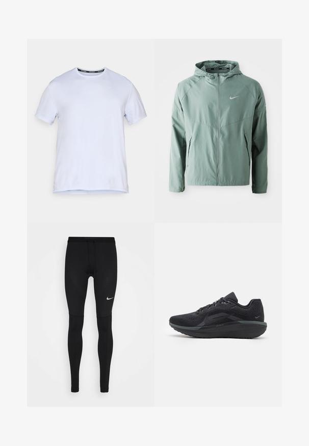 Casaco Nike verde claro com capuz, fecho de zip, bolsos laterais e um logo refletor. Feito de um material suave e leve.; T-shirt atlético branco com mangas curtas, decote redondo e um tecido suave e leve. Apresenta um logotipo discreto no peito.; Collants de corrida negros feitos de tecido elástico, apresentando um design ajustado, costuras planas e um pequeno logótipo da Nike em branco na coxa.; Sapatilha atlética preta com um cabedal de malha respirável, detalhes texturizados, sola amortecida e acabamentos refletivos. A vista lateral mostra um design aerodinâmico.