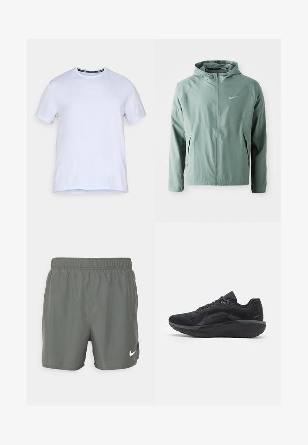 Casaco Nike verde claro com capuz, fecho de zip, bolsos laterais e um logo refletor. Feito de um material suave e leve.; T-shirt atlético branco com mangas curtas, decote redondo e um tecido suave e leve. Apresenta um logotipo discreto no peito.; Calças de banho Nike em verde-escuro. Feitas de material leve com cintura elástica, apresentando um logo branco na parte inferior direita.; Sapatilha atlética preta com um cabedal de malha respirável, detalhes texturizados, sola amortecida e acabamentos refletivos. A vista lateral mostra um design aerodinâmico.