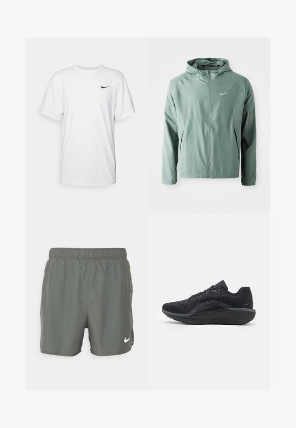 Světle zelená bunda Nike s kapucí, zapínáním na zip, bočními kapsami a reflexním logem. Vyrobena z hladkého, lehkého materiálu.; Bílý bavlněný tričko s krátkými rukávy, kulatým výstřihem a černým logem Nike na levé straně hrudi. Hladká, lehká tkanina.; Nike plavky v tmavě zelené barvě. Vyrobené z lehkého materiálu s elastickým páskem, s bílým logem na dolní pravé straně.; Černá sportovní bota s prodyšnou síťovinou, texturovanými detaily, polstrovanou podrážkou a reflexními akcenty. Boční pohled ukazuje vytříbený design.