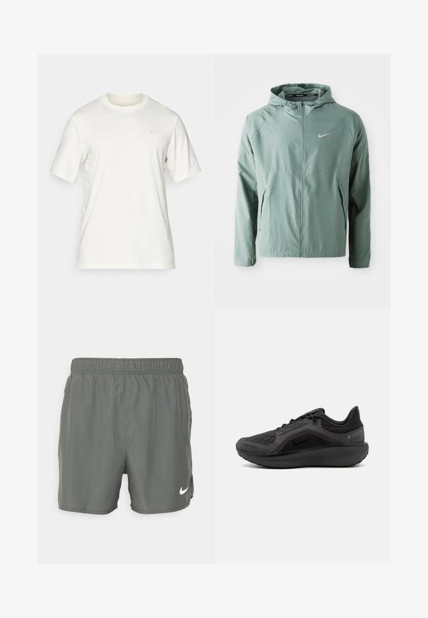 Lys grønn Nike-jakke med hette, glidelås, side lommer og et reflekterende logo. Laget av et glatt, lett materiale.; Hvit bomull crew-neck t-skjorte med korte ermer, med en liten logo på venstre øvre bryst. Glatt tekstur, enkel design.; Nike svømmeshorts i mørk grønn. Laget av lett materiale med elastisk midje, med en hvit logo nederst til høyre.; Svart atletisk sko med teksturert quiltet overdel, slank design og svart gummisåle. Har synlig logo og Gore-Tex-merke.