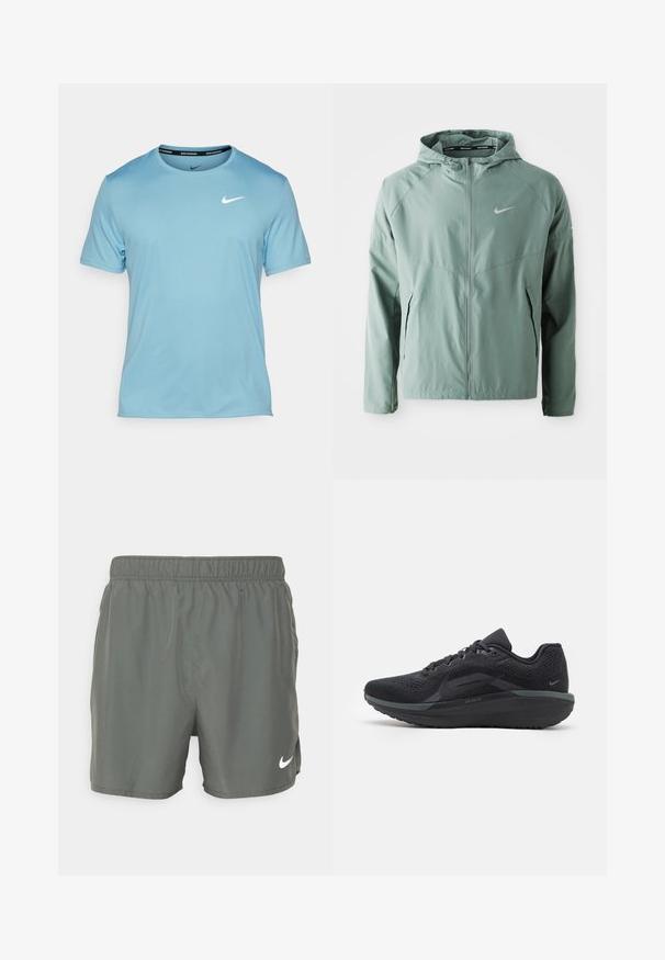 Világoszöld Nike dzseki, kapucnival, cipzáros záródással, oldalsó zsebekkel és fényvisszaverő logóval. Simább, könnyű anyagból készült.; Nike Performance MILER - Sportfelső - denim turq/(reflective silv); Sötétzöld Nike úszónadrág. Könnyű anyagból készült, rugalmas derékkal, fehér logóval a jobb alsó oldalon.; Fekete sportcipő lélegző hálós felsőrésszel, texturált részletekkel, párnázott talppal és fényvisszaverő kiegészítőkkel. Az oldalnézetből látható az áramvonalas dizájn.