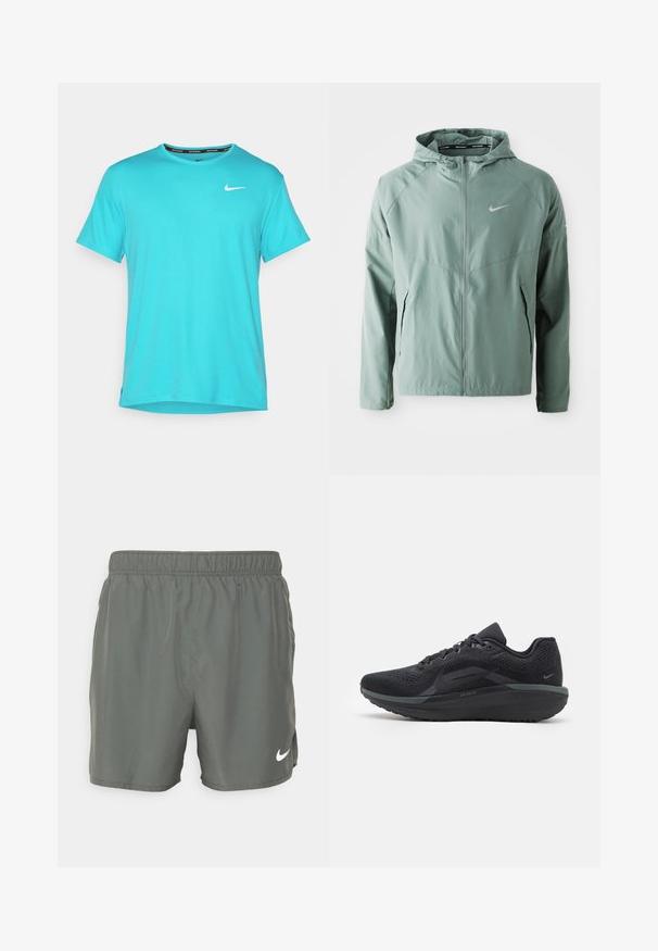 Svijetlozelena Nike jakna s kapuljačom, zatvaranjem na zip, bočnim džepovima i reflektirajućim logotipom. Izrađena od glatkog, laganog materijala.; Tirkizna Nike majica od mekog, glatkog materijala. Kratki rukavi, okrugli izrez, s malim bijelim logom na prsima i bočnim prorezima.; Nike kupaći šortsi tamnozelene boje. Izrađeni od laganog materijala s elastičnom strukom, s bijelim logotipom na donjoj desnoj strani.; Crni atletski tenisice s prozračnim mrežastim gornjim dijelom, teksturiranim detaljima, mekanim potplatom i reflektirajućim naglasima. Bočni prikaz pokazuje aerodinamičan dizajn.