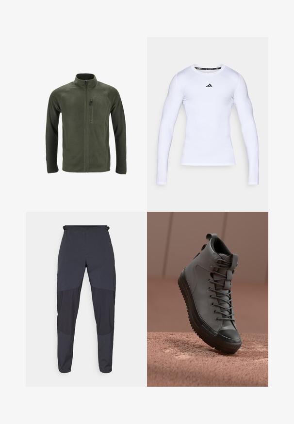 Oliivinvihreä fleece-takki, jossa on korkea kaulus, täyspitkä vetoketju ja vasemmassa rinnassa vetoketjullinen tasku. Takissa on raglan-hihat ja sileä pinta.; Valkoinen pitkähihainen urheilupaita joustavasta kankaasta, jossa on pyöreä kaula-aukko ja musta Adidas-logo rinnassa.; Tummanharmaat ulkoiluhousut, joissa on osittain vaaleampi harmaa alaosa, varustettu napituskiinnityksellä, vyölenkeillä ja sileällä pinnalla.; Korkean varren tennarit harmaasta nahasta, jossa on teksturoitu pintakuvio, musta kuminen varvaskuppi ja harmaat nauhat. Sukahanke kantapäässä.