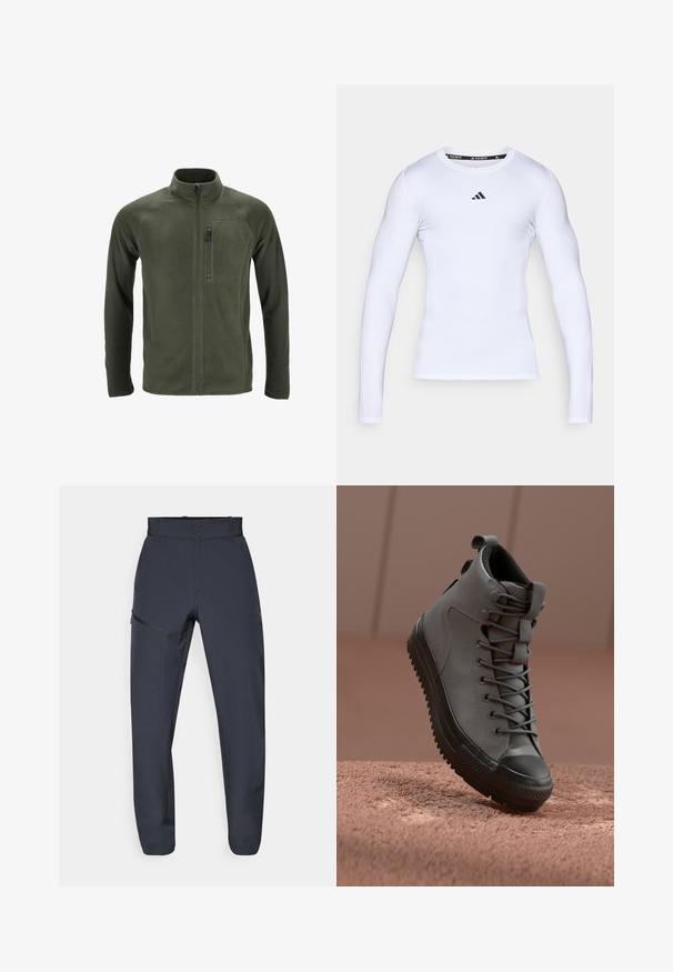 Oliwkowa polarowa kurtka z wysokim kołnierzem, pełnym zamkiem z przodu i kieszenią na zamek na lewej piersi. Posiada rękawy raglanowe i gładką teksturę.; Biała, długa koszulka sportowa z długim rękawem, wykonana z elastycznego materiału, z okrągłym dekoltem i czarnym logo Adidas na piersi.; Granatowe techniczne spodnie wykonane z materiału syntetycznego; posiadają płaski pas, dwie przednie kieszenie oraz dodatkową kieszeń boczną z zamkiem błyskawicznym.; Wysokie trampki ze szarej skóry z teksturowanym wykończeniem, czapka z czarnej gumy na palcach i szare sznurówki. Posiadają pętelkę na pięcie.