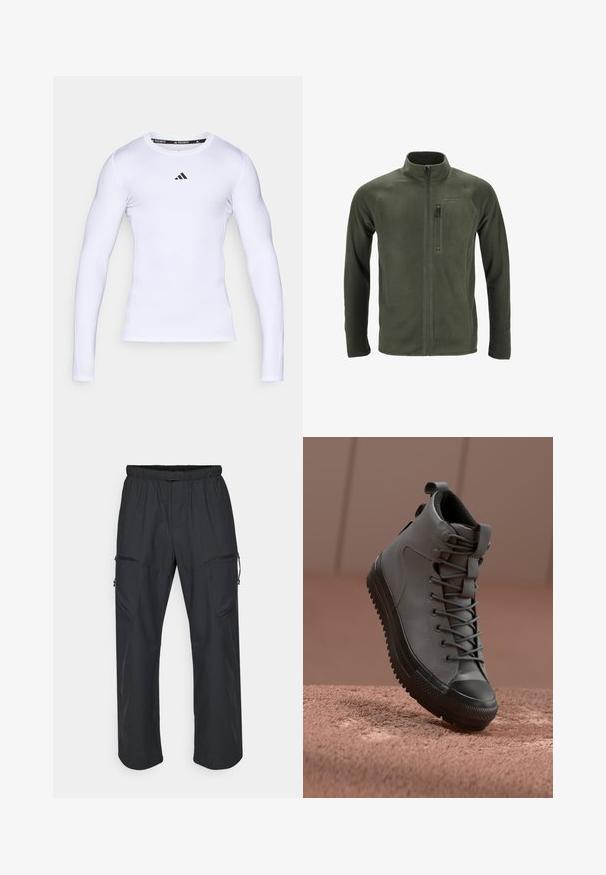 Olive green fleece jacket with a high collar, full front zip, and a left chest zip pocket. Features raglan sleeves and smooth texture.; White long-sleeve athletic shirt made of stretch fabric, featuring a round neckline and a black Adidas logo on the chest.; Black cargo pants featuring an elastic waistband, two zippered pockets, and a lightweight, smooth fabric texture.; High-top sneaker in gray leather with a textured finish, black rubber toe cap, and gray laces. Features a pull tab at the heel.