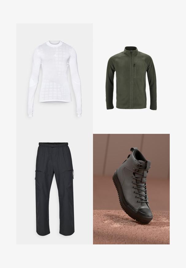 Oliivinvihreä fleece-takki, jossa on korkea kaulus, täyspitkä vetoketju ja vasemmassa rinnassa vetoketjullinen tasku. Takissa on raglan-hihat ja sileä pinta.; Pitkähihaisen urheilupaidan valkoinen väri, jossa on ruudullinen kuvio ja teksturoituja yksityiskohtia. Valmistettu sileästä, joustavasta kankaasta, jossa on kapea leikkaus.; Mustat cargo-housut, joissa on elastinen vyötärö, kaksi vetoketjullista taskua ja kevyt, sileä kangas.; Korkean varren tennarit harmaasta nahasta, jossa on teksturoitu pintakuvio, musta kuminen varvaskuppi ja harmaat nauhat. Sukahanke kantapäässä.