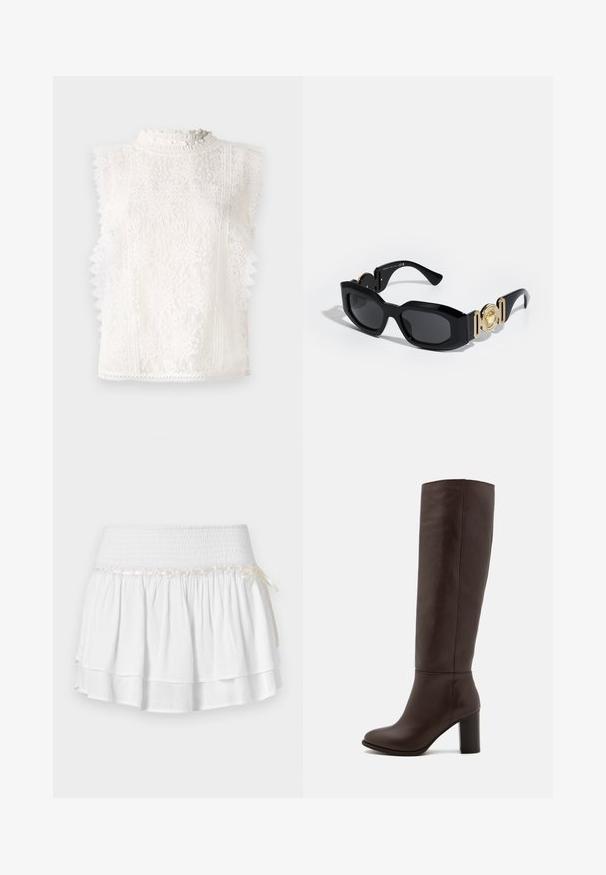 Blauwe denim jas met bloemembroidery, inclusief madeliefjes en andere patronen. Beschikt over een klassieke kraag, twee voorzakken en knoopsluiting.; Witte kanten mouwloze top met een hoge ruches kraag, bloemenpatronen en gegolfde randen voor extra textuur en detail.; Witte, gelaagde rok met een elastische tailleband, voorzien van een gestructureerde smockdetail en een decoratieve lintaccent. Katoenen stof.; Bruine leren kniehoog laars met een blokhak, gladde textuur, ronde neus en minimale stikseldetails.; Zwarte zonnebril met een chunky frame, voorzien van gouden hardware accenten en logodetails op de tempels. De lenzen zijn donker en rechthoekig.