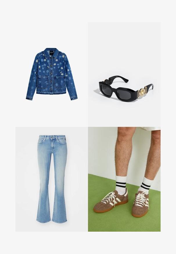 Modrá džínová bunda s květinovou výšivkou, včetně sedmikrásky a dalších vzorů. Má klasický límec, dvě přední kapsy a zapínání na knoflíky.; Černé tričko s krátkým rukávem vyrobené z bavlny. Má kulatý výstřih a volný střih s hladkou texturou. Žádné viditelné vzory ani akcenty.; Svetle modré zvonové džíny ve vybledlém denimu s pěti kapsami, zipovým zapínáním a poutky na opasek. Tkanina má hladký, mírně texturovaný povrch.; Hnědé semišové tenisky s bílými akcenty a tkaničkami. Gumová podrážka. Nošeny s bílými ponožkami s černými pruhy. Zelená strukturovaná podlaha.; Černé sluneční brýle s robustním rámem, které mají zlaté kovové detaily a logo na stranách. Objektivy jsou tmavé a obdélníkové.; Modrá kožená kabelka přes rameno se hladkým povrchem, obdélníkovým tvarem, kontrastním oranžovým prošíváním a uzávěrem na klopu. Součástí je nastavitelný popruh.