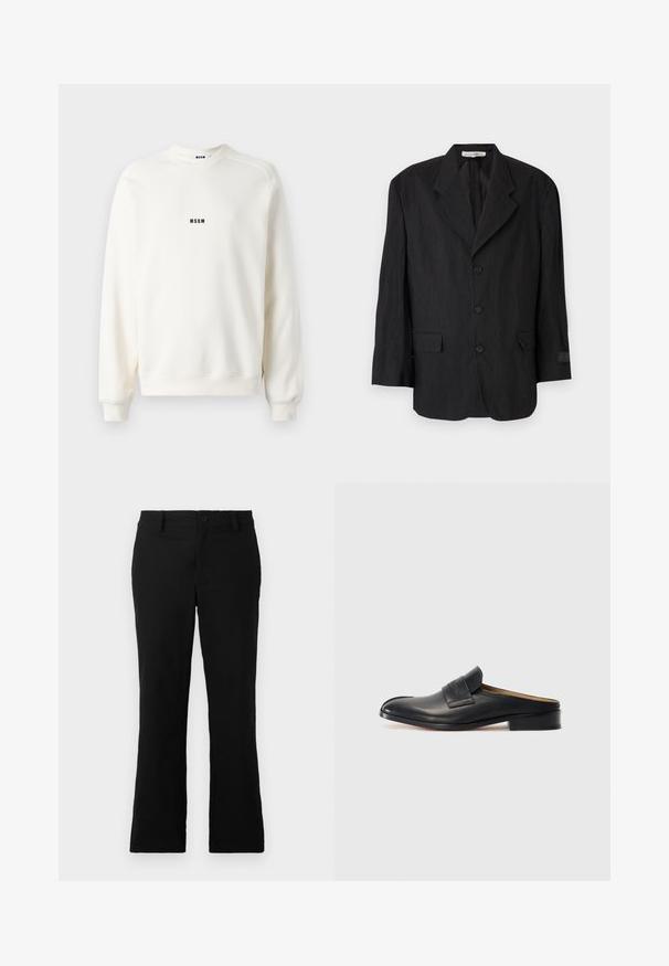 Melnā žakete, izgatavota no teksturēta auduma, ar atvērto apkakli, sešām pogām un diviem kabatām. Kreisajā piedurknes pusē ir etiķetes detaļa.; Krema krāsas džemperis ar apaļu izgriezumu, ribotām piedurknēm un apakšmalu. Uz krūtīm ir neliels melns "MSGM" logo. Gluda tekstūra.; Melni plati bikses, izgatavotas no kokvilnas sajaukuma auduma, ar pogu aizdari, jostas cilpām un gludu tekstūru, bez redzamām rakstām.; Melnas ādas slip-on kurpes ar noapaļotu purngalu, zemu blokveida papēdi un priekšējo siksniņu. Gluda tekstūra ar diskrētu logotipa detaļu uz siksniņas.