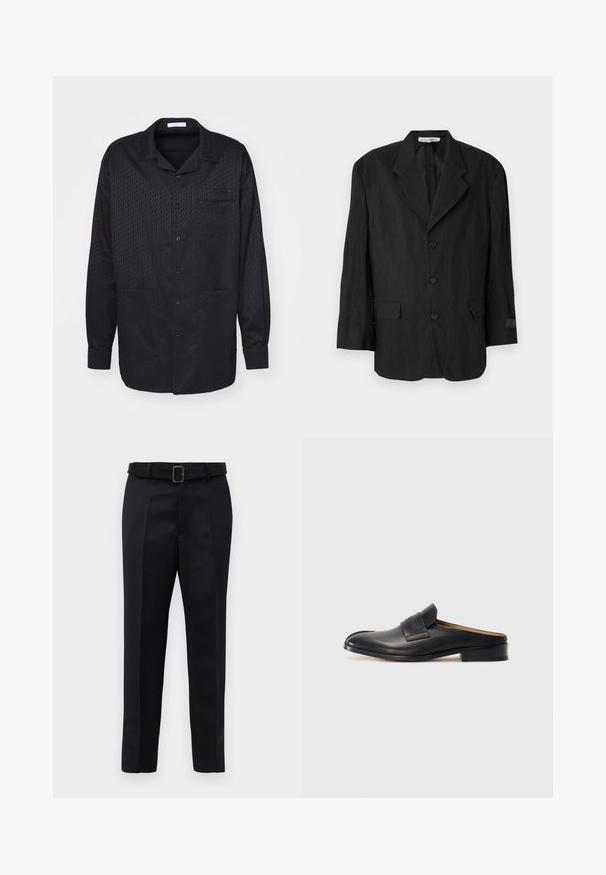 Czarna marynarka z teksturowanej tkaniny, z klapami w stylu notcha, sześcioma guzikami i dwoma kieszeniami. Lewy rękaw ma detal z metką.; Czarna koszula zapinana na guziki z delikatnym wzorem tekstury, długimi rękawami, kołnierzykiem z wcięciem i jedną kieszenią na piersi. Miękka tkanina i klasyczny design.; Czarne dopasowane spodnie charakteryzują się gładkim materiałem, prostym krojem oraz paskiem w talii z prostokątną klamrą. Wyróżniające się przednie pliski podkreślają design.; Czarne skórzane buty wsuwane z okrągłym noskiem, niskim obcasem blokowym i przednim paskiem. Gładka faktura z subtelnym logo na pasku.