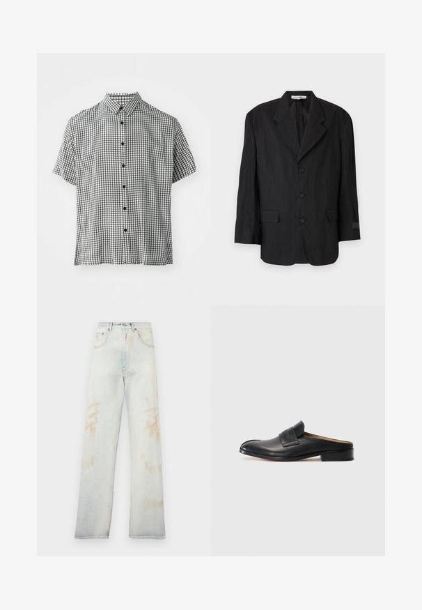 Černý blazer vyrobený z texturované látky, s klopovým límcem, šesti knoflíky a dvěma kapsami. Levý rukáv má detail štítku.; Košile s krátkým rukávem, s černobílým kostkovaným vzorem, klasickým límečkem a černými knoflíky vpředu.; Svetle modré džíny s vysokým pasem, širokými nohavicemi a drobnými vybledlými skvrnami. Disponují tradičním designem s pěti kapsami a kovovými doplňky.; Černá kožená slip-on obuv s kulatou špičkou, nízkým blokovým podpatkem a předním páskem. Hladký povrch s jemným logem na pásku.