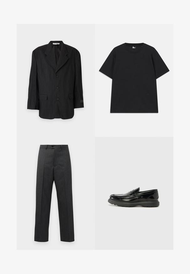 Musta bleiseri, joka on valmistettu teksturoidusta kankaasta, jossa on hapsuläppä, kuusi nappia ja kaksi taskua. Vasemmassa hihassa on etiketti.; Musta lyhythihainen t-paita, joka on valmistettu puuvillasta. Paita on pyöreäkauluksinen ja siinä on pieni logo yksityiskohta helman lähellä. Tasainen pinta, normaali istuvuus.; Tummanharmaat muodolliset housut, joissa on etupleekit, vyölenkit ja nappisuljenta vyötäröllä, esiteltyinä yksinkertaisen valkoisen taustan edessä.; Mustat nahkakengät, joissa on kiiltävä pinta, pyöreä kärki, huomaamaton ompelu ja paksu kumipohja kestävyyttä varten.