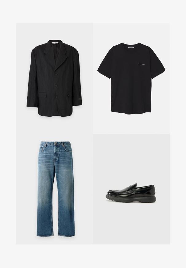 Sacou negru din țesătură texturată, având rever tip notch, șase butoane și două buzunare. Manșeta stângă are un detaliu cu etichetă.; Tricou din bumbac negru, cu guler rotund, mâneci scurte și un imprimeu alb cu logo pe partea stângă a pieptului. Design simplu, de culoare uniformă.; Jeans largi de culoare albastru deschis, cu o spălare estompată, având închidere cu un singur buton, cinci buzunare și cusături contrastante.; Mocasin din piele neagră cu o finisare lucioasă, vârf rotunjit, detalii de cusătură subtile și o talpă groasă din cauciuc pentru durabilitate.