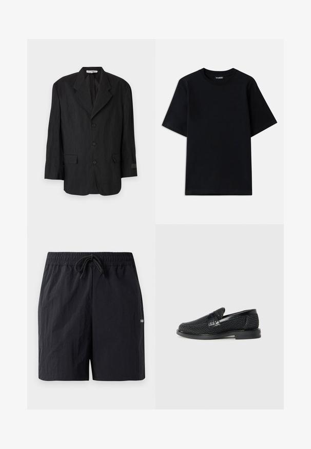 Černý blazer vyrobený z texturované látky, s klopovým límcem, šesti knoflíky a dvěma kapsami. Levý rukáv má detail štítku.; Černé bavlněné tričko s kulatým výstřihem a krátkými rukávy. Obsahuje jemnou výšivku loga na levé hrudi. Hladká, jemná textura.; Černé plavky z texturované tkaniny, s elastickým pasem na stahovací šňůrku a malým logem na boku.; Černé pletené nazouvací boty s hladkým koženým akcentem na svršku, kulatou špičkou a nízkoprofilovou gumovou podrážkou.