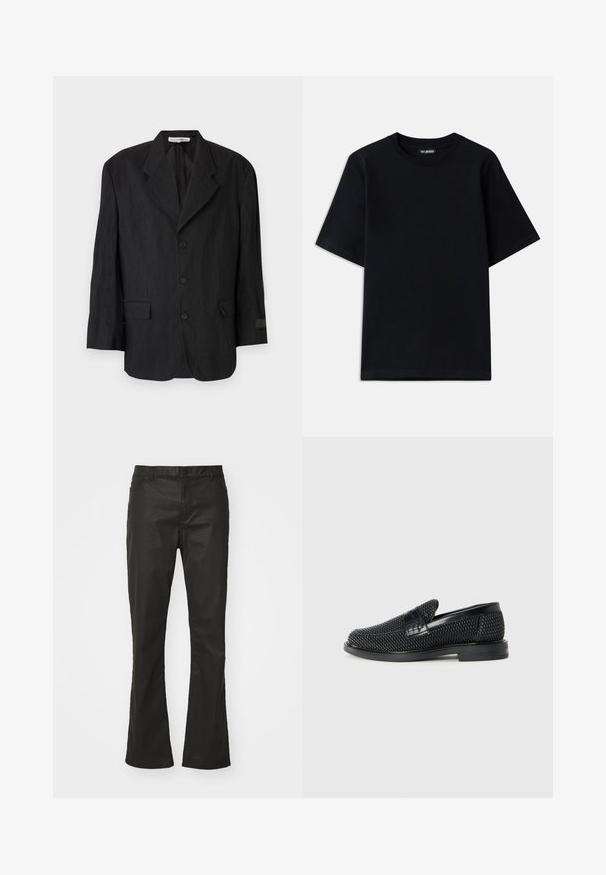 Must have, pimendav bleiser, mis on valmistatud tekstuuriga kangast, millel on klapiga krae, kuus nööpi ja kaks taskut. Vasakul varrukal on sildiga detail.; Must musta T-särk lühikeste varrukatega ja ümar kaelus. Vasakul rinnal on diskreetne logo tikand. Lame ja sile tekstuur.; Mustad flared teksad, mis on valmistatud puuvillasegist kangast, millel on nööbikinnitus, viis taskut ja peene sära tekstureeritud pinnal.; Must musta kootud slip-on king, millel on pehme nahast accent ülaserval, ümmargune varvas ja madal profiiliga kummitald.