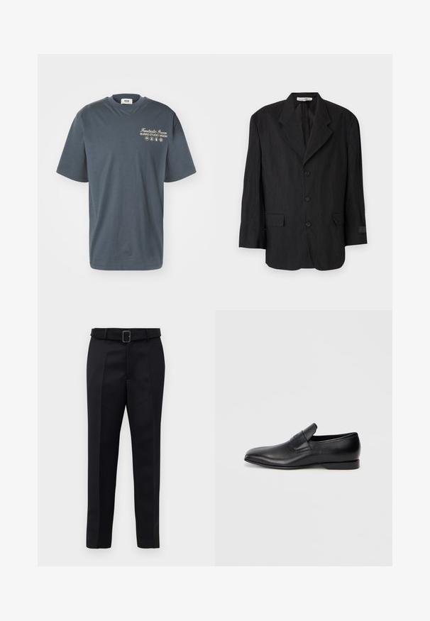 Must have, pimendav bleiser, mis on valmistatud tekstuuriga kangast, millel on klapiga krae, kuus nööpi ja kaks taskut. Vasakul varrukal on sildiga detail.; MSGM Trükipildiga T-särk - grey; Mustad mustad püksid on valmistatud siledast kangast, sirgelt lõigatud ja beldiga vöökoht, millel on ristkülikukujuline pandla. Märkimisväärsed esisellukid täiustavad disaini.; Must musta libisemisega king, millel on terav varvas, sile tekstuur ja tagasihoidlik bränding küljel. Madal konts puhta ja minimalistliku disainiga.