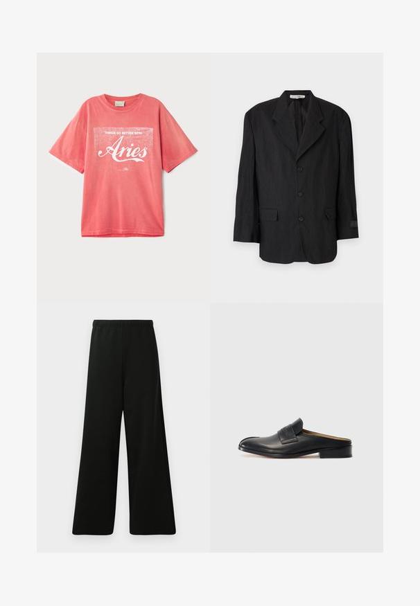 Musta bleiseri, joka on valmistettu teksturoidusta kankaasta, jossa on hapsuläppä, kuusi nappia ja kaksi taskua. Vasemmassa hihassa on etiketti.; Lyhythihainen korallinvärinen t-paita, joka on valmistettu puuvillasta ja jossa on rento istuvuus. Paitassa on valkoisella silkkipainatuksella teksti "Asiat sujuvat paremmin Oinaille."; Musta leveälahkeinen housu pehmeästä kankaasta. Sisältää joustovyötärön, sileän pinnan ja yksinkertaisen, modernin suunnittelun ilman kuvioita.; Musta nahkainen slip-on-kengät, joissa on pyöristetty kärki, matala korko ja etuolka. Suora pinta, jossa on hienovarainen logoyksityiskohta hihnassa.
