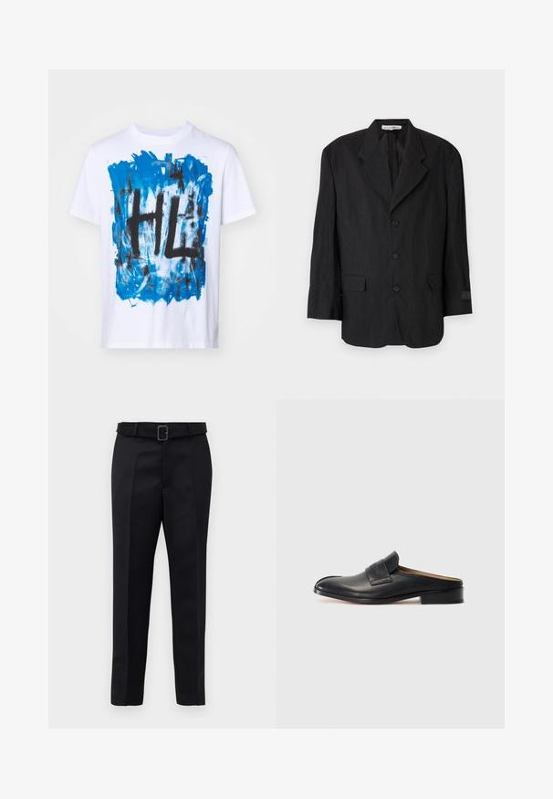 Sort blazer lavet af tekstureret stof, med en slagkrave, seks knapper og to lommer. Den venstre ærme har et etikette-detajle.; Hvid bomulds t-shirt med et blåt abstrakt design og sort "HL" tekst i midten. Kortærmet og med rund hals.; Sorte skræddersyede bukser har et glat stof, lige snit og en bæltestrop med en rektangulær spænde. Bemærkelsesværdige forreste folder fremhæver designet.; Sort læder slip-on sko med rund tå, lav blokhæl og en frontrem. Glat overflade med subtil logo detalje på remmen.