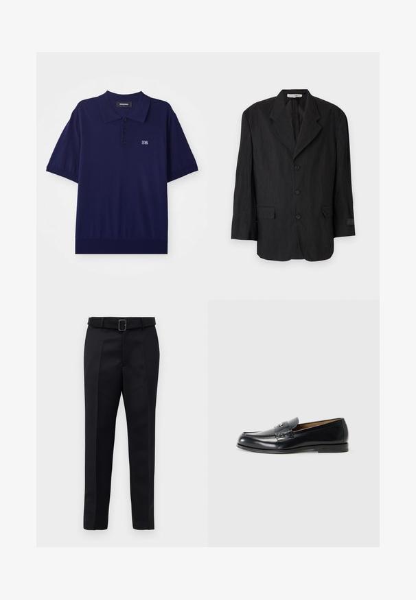 Čierny blazer vyrobený z textúrovanej tkaniny, s klopou na výstrihu, šiestimi gombíkmi a dvoma vreckami. Na ľavom rukáve je detail s nášivkou.; Námornícky modrá polokošeľa s krátkym rukávom, vyrobená z mäkkej tkaniny, s golierom, tromi gombíkmi a malým vyšitým logom "D2" na hrudi.; Čierne nohavice na mieru majú hladkú tkaninu, rovný strih a opasok s obdĺžnikovou sponou. Výrazné predné skladky zvýrazňujú dizajn.; Čierne kožené mokasíny s hladkým povrchom, okrúhlou špičkou, dekoratívnym prešívaním a malým kovovým akcentom na prednej strane.