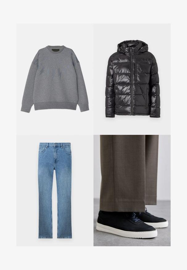 Fekete puff jacket, fényes, steppelt külső résszel, kapucnival, elülső cipzárral és két oldalsó zsebbel. Könnyű és szigetelt kivitel.; Szürke pulóver kerek nyakkivágással, a mell részen egy enyhén sötétebb árnyalatú villámmintával. Puha anyag, laza fazon.; Világoskék farmernadrág, egyenes szabással, öt zsebbel, cipzáras derékrésszel és eltérő varrással. Az anyag sima, texturált felületű.; Fekete velúr sportcipők fehér gumitalppal, kerek orrú, fűzős kialakítással, szürke, szabott nadrággal párosítva.